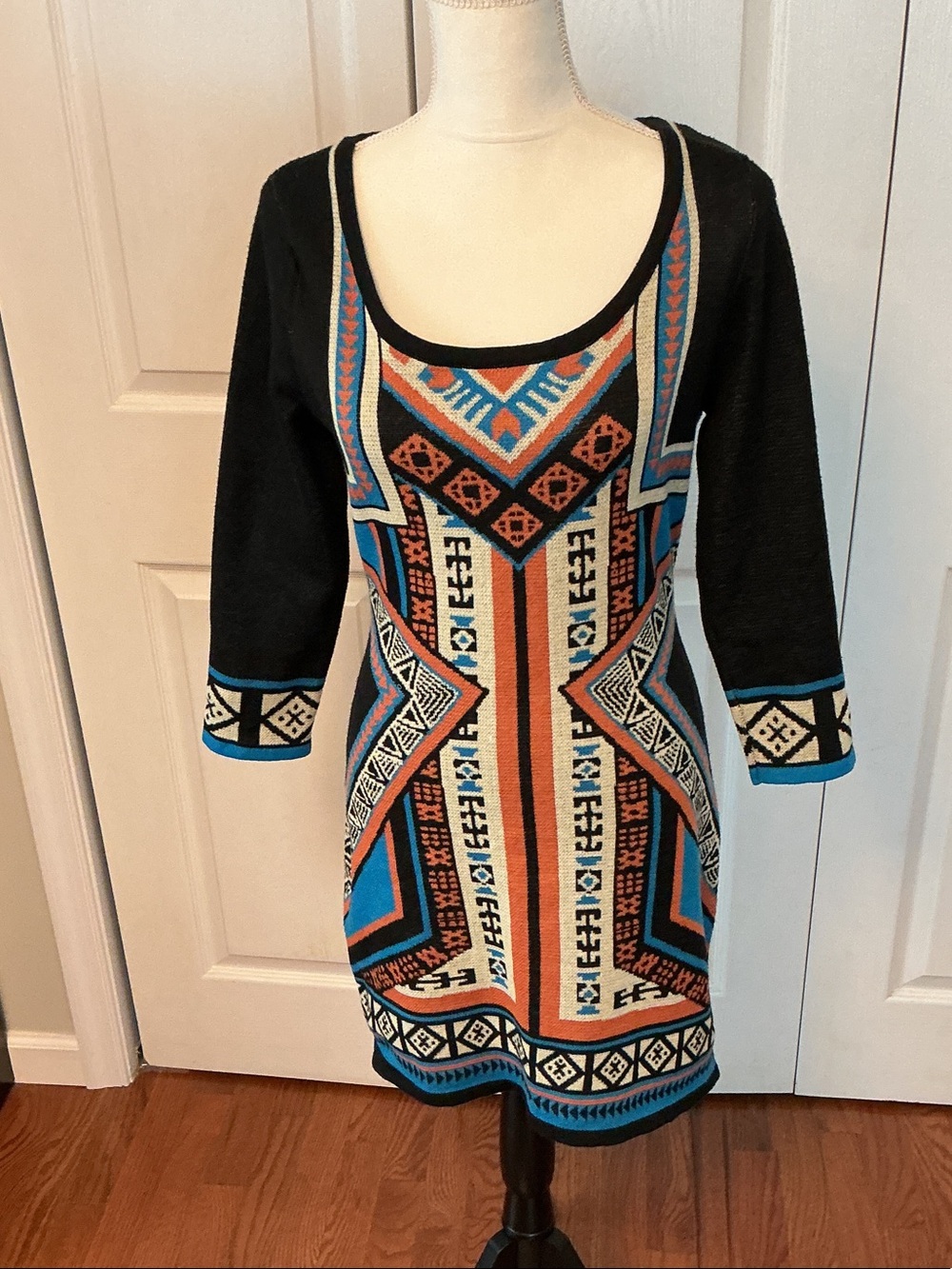 Flying Tomato Black Scoop-Neck Knit Dress with Blue & Orange Tribal Print